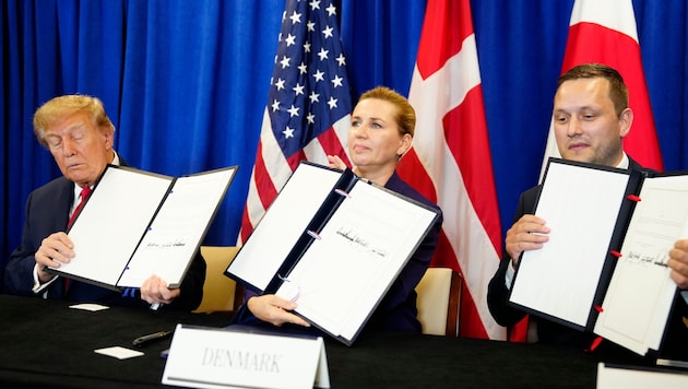 Von links: US-Präsident Donald Trump, Dänemarks Ministerpräsidentin Mette Frederiksen und ...
