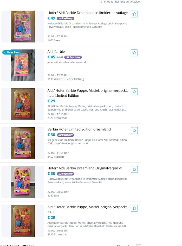 Mindestens doppelt so teuer wird die Barbie auf Willhaben angeboten.