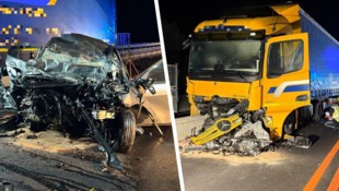 Das komplett demolierte Auto und der beschädigte Lkw. Der Pkw-Lenker hatte keine ...