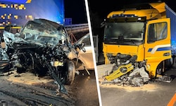 Das komplett demolierte Auto und der beschädigte Lkw. Der Pkw-Lenker hatte keine ...