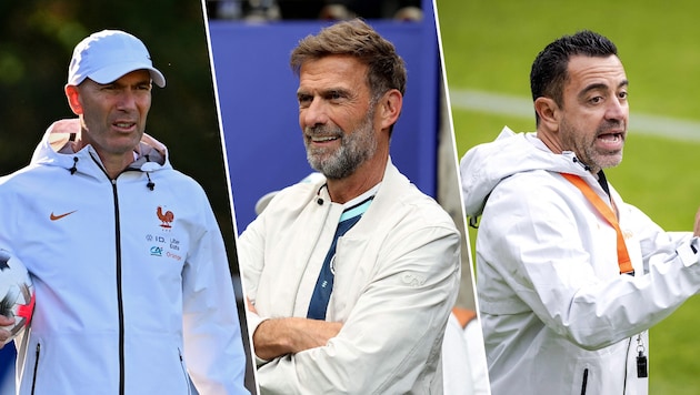 Zinedine Zidane (links), Jürgen Klopp (mitte) und Xavi geben ihr Debüt in der Nations League.