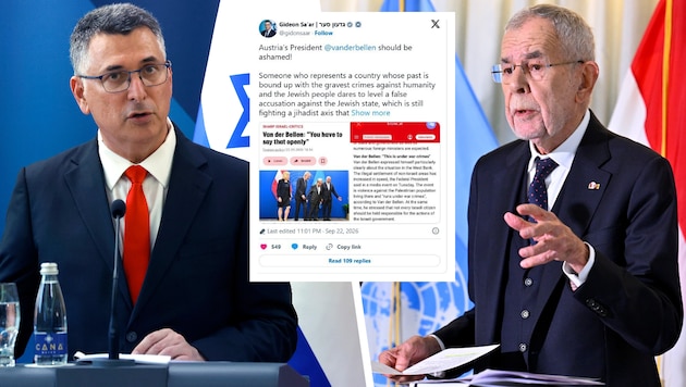 Van der Bellen steht in der Kritik. Mitte: das Statement von Israels Außenminister Saar (li.) ...