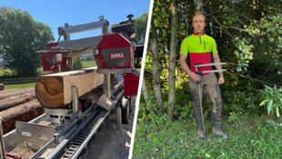 Mit seinem mobilen Sägewerk (li.) kommt Philipp Glawar-Barth direkt zu den Landwirten.
