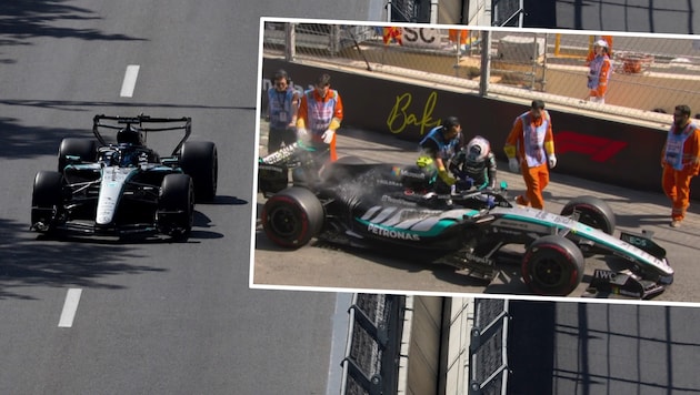 George Russell (left) set the fastest time in the first practice session in Azerbaijan. His ...