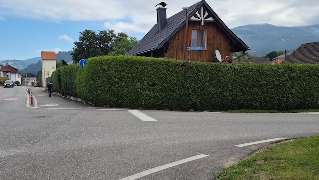 Die Kreuzung ist aufgrund einer hohen Hecke für Fußgänger schwer einsehbar.