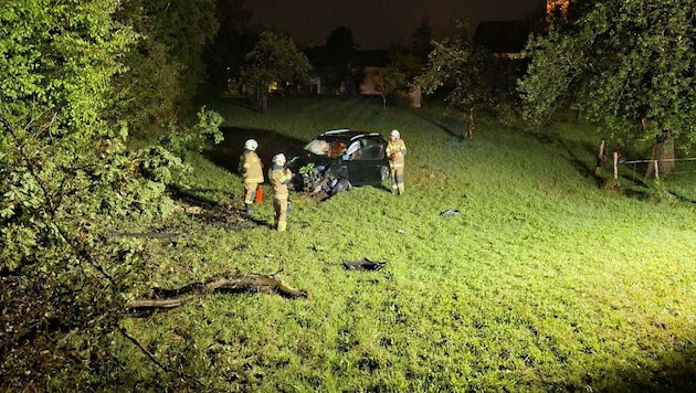 Die Fahrt endet mit einem Verletzten Fahrer und einem zerstörten Auto auf der Wiese