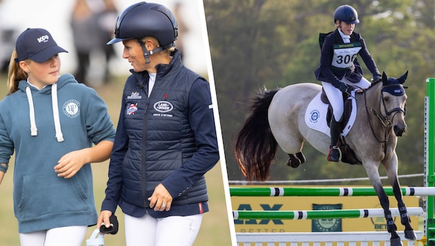 Mia Grace Tindall mit ihrer Mutter Zara Tindall (linkes Bild) und auf ihrem Pony „Bunny Two ...