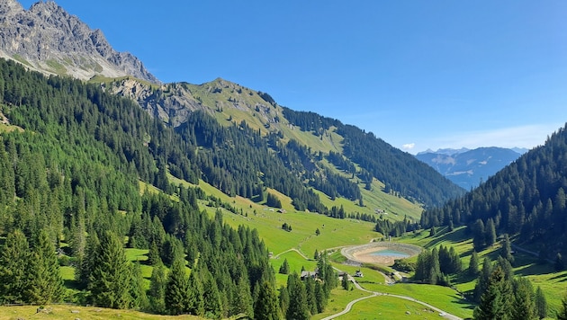 Blick auf das Rellstal, im Hintergrund ist ein Speichersee der Illwerke zu sehen