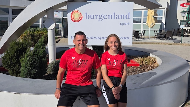 Sportlicher Leiter des Justizsport-Programms Mario Schindler und Leichtathletin Caro Bredlinger ...