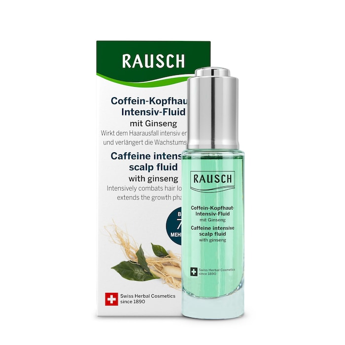 Das RAUSCH Coffein-Kopfhaut-Intensiv-Fluid mit Ginseng wirkt gezielt an der Haarwurzel.