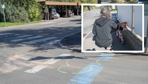 Kerzen und Blumen an der Unfallstelle in Feldbach, um der jungen Verstorbenen zu gedenken