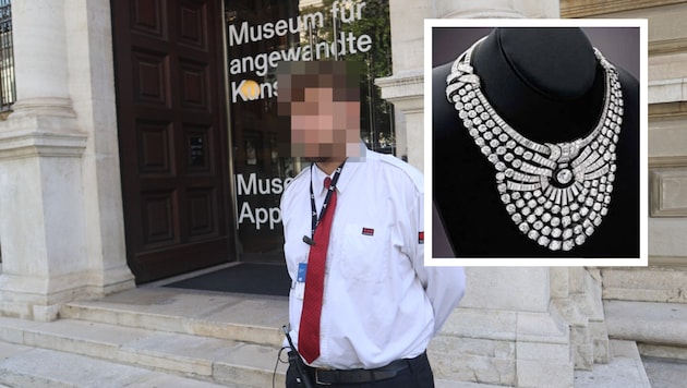 Am 27. August raubten zwei Männer dieses Diamant-Collier (o.).