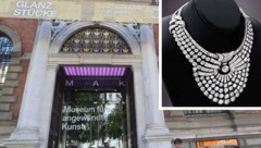 Am 27. August raubten zwei Männer dieses Diamant-Collier (oben rechts).