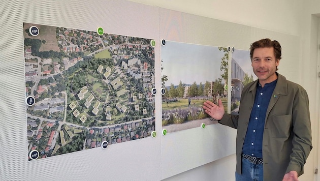 Architekt Andreas Hawlik präsentiert genauere Details zum Wiesenpark auf der Breiteneder-Wiese ...