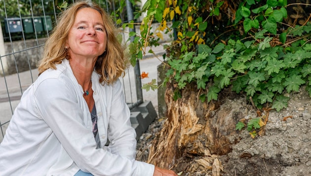 Karin Kastner-Lindenthaler vor dem, was von den Linden noch übrig geblieben ist