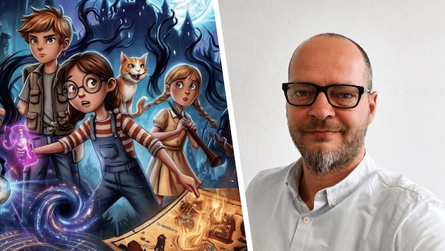 li.: Das Cover zu „Das Labyrinth im Tullnerfeld“. Re.: Autor David Thaller.
