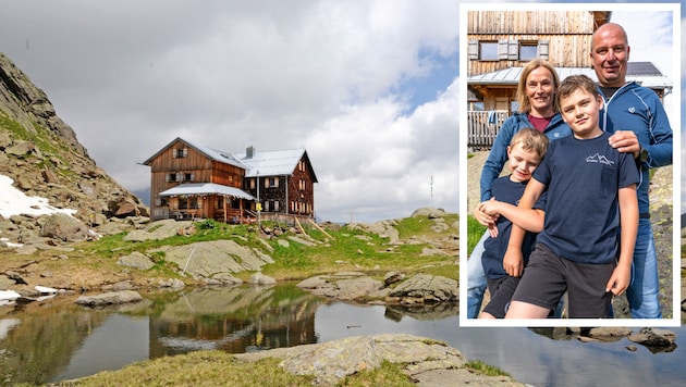 Stefanie und Christian Höllrigl mit den beiden Söhnen Matteo und Lorenz vor der Bremer Hütte, ...