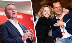 Andreas Babler (li.) tritt schrittweise zur Seite, Eva-Maria Holzleitner und Philip Kucher (re.) ...