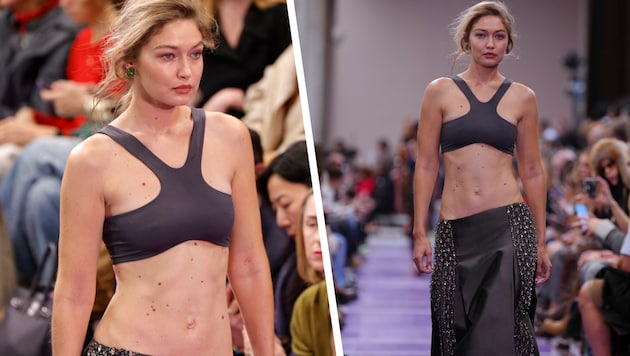 Gigi Hadid sorgte mit ihrem trainierten Bauch bei der Schau von Miu Miu für Aufsehen.