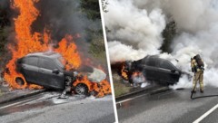 Das Auto brannte lichterloh. Die Feuerwehr verhinderte eine Ausbreitung des Brandes auf der ...