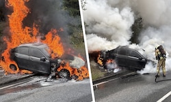 Das Auto brannte lichterloh. Die Feuerwehr verhinderte eine Ausbreitung des Brandes auf der ...