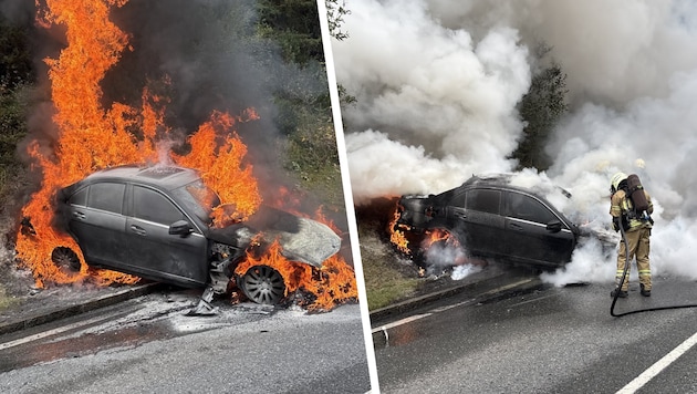 Das Auto brannte lichterloh. Die Feuerwehr verhinderte eine Ausbreitung des Brandes auf der ...