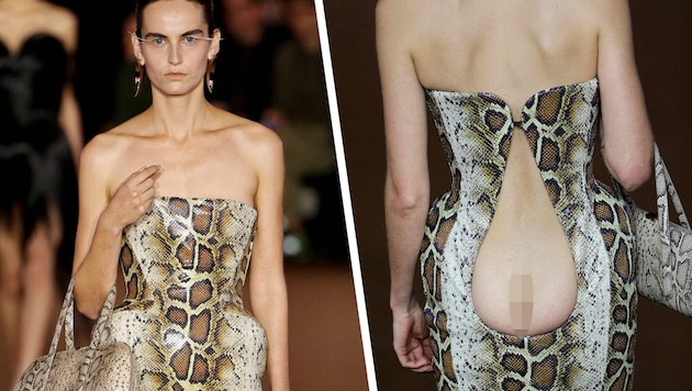 Bei Muglers Frühjahr/Sommer-Show 2027 hieß es: Vorne Business, hinten Party! Das Python-Kleid ...
