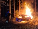Der Wagen brannte vollständig aus. Die Feuerwehr verhinderte, dass die Flammen auf den Wald ...