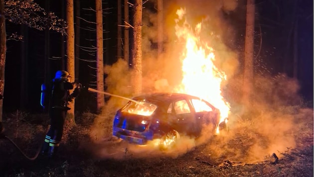 Der Wagen brannte vollständig aus. Die Feuerwehr verhinderte, dass die Flammen auf den Wald ...