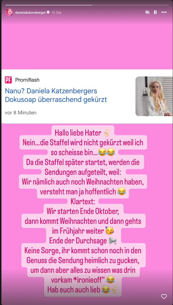 In ihrer Instagram-Story klärt Daniela Katzenberger über den verspäteten Staffelstart auf.