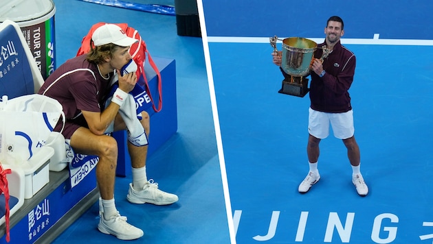 Alex De Minaur (left) had to retire. Once again, Novak Djokovic celebrated in Beijing.