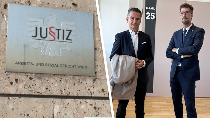 Roland Weißmann und Anwalt Oliver Scherbaum im Arbeits- und Sozialgericht in Wien