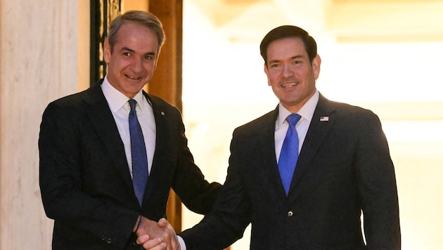 Von links: Griechenlands Regierungschef Kyriakos Mitsotakis und US-Außenminister Marco Rubio