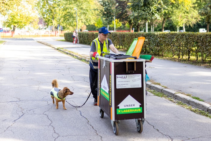 Der Fisch-Flitzer unterwegs mit Wagen und Hund beim Müllsammeln.