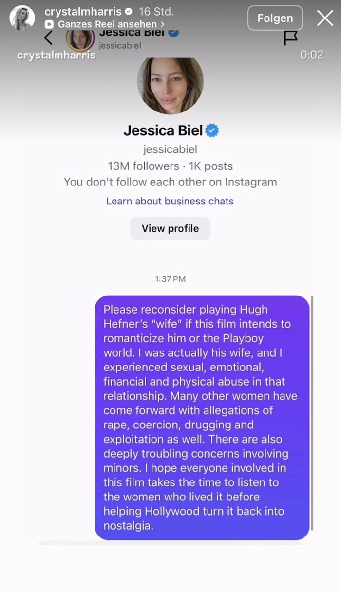 In einer emotionalen Botschaft wendet sich Hefners Witwe an Schauspielerin Jessica Biel.