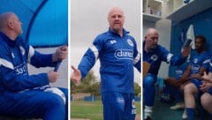 Ex-Premier-League-Coach Sean Dyche (mi.) und Fußball-Influencer Steve Bracknall (li.) spielen ...