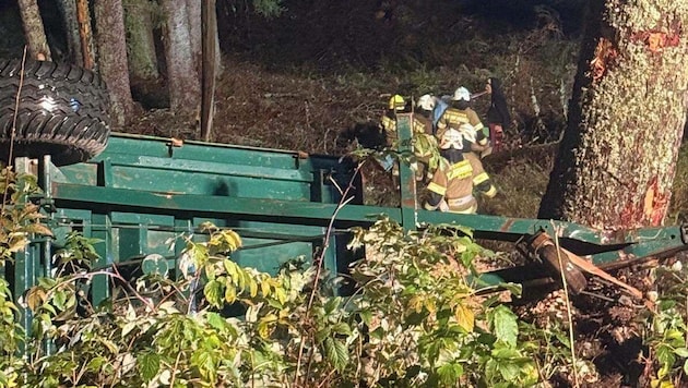 Der Traktor samt Anhänger landete im Wald.