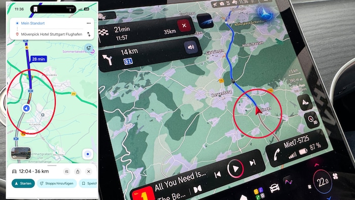 Obwohl das Navi der C-Klasse die Daten von Google Maps nutzt, wird hier während der ein Stau ...