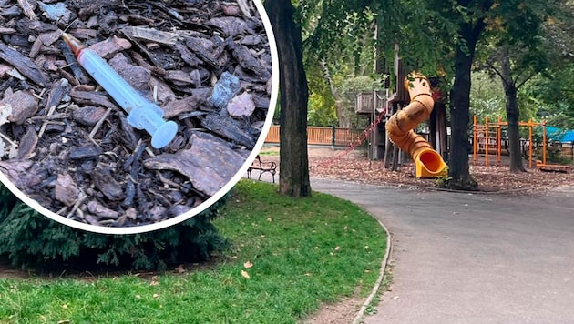 Eltern kontrollieren den Spielplatz immer auf Drogenreste und Spritzen, bevor sie ihren Kindern ...
