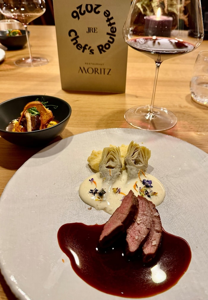 Vor allem der Hauptgang – Flank Steak & Wade (Artischocke, Polenta, Kürbisrisotto, Parmesan, ...