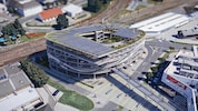 Das ist das fünfstöckige Mobilty Center, das ab dem Jahr 2027 beim Bahnhof Klagenfurt entstehen ...