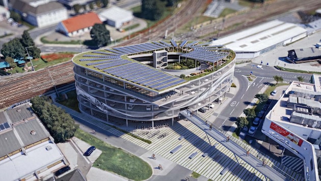 Das ist das fünfstöckige Mobilty Center, das ab dem Jahr 2027 beim Bahnhof Klagenfurt entstehen ...