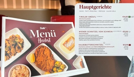 Das aktuelle Bistro-Menü im Railjet zeigt deutliche Preisunterschiede.