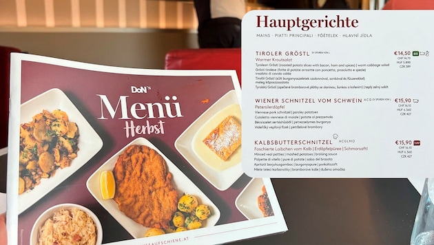 Das aktuelle Bistro-Menü im Railjet zeigt deutliche Preisunterschiede.