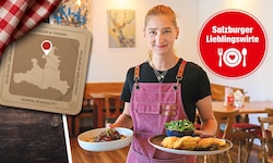 Kellnerin Lisa Pohn serviert zwei Schmankerl des Hauses – Wiener Schnitzel und Ossobuco auf ...