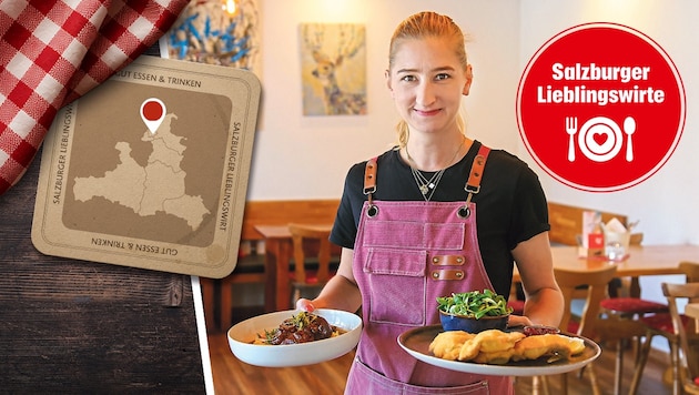 Kellnerin Lisa Pohn serviert zwei Schmankerl des Hauses – Wiener Schnitzel und Ossobuco auf ...