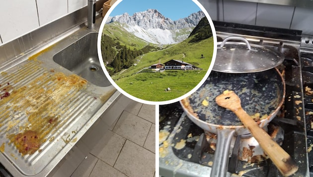 In dieser Spüle wird das Geschirr kaum sauber. Pfanne und Herd auf der Wangalm schauen nicht ...