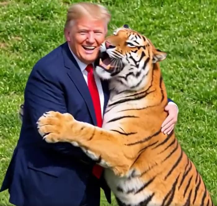 Am Ende des Videos umarmt Trump den Tiger.