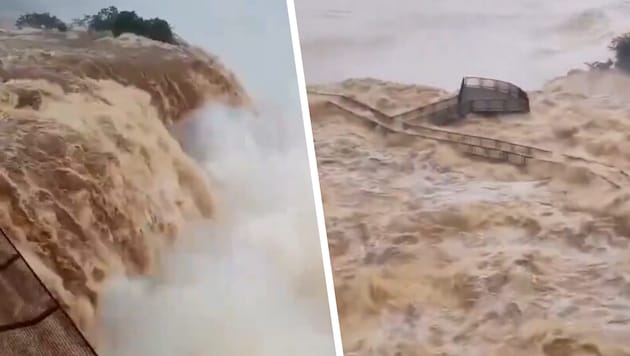 Videos zeigen, wie braune Wassermassen über die Felsen donnern.