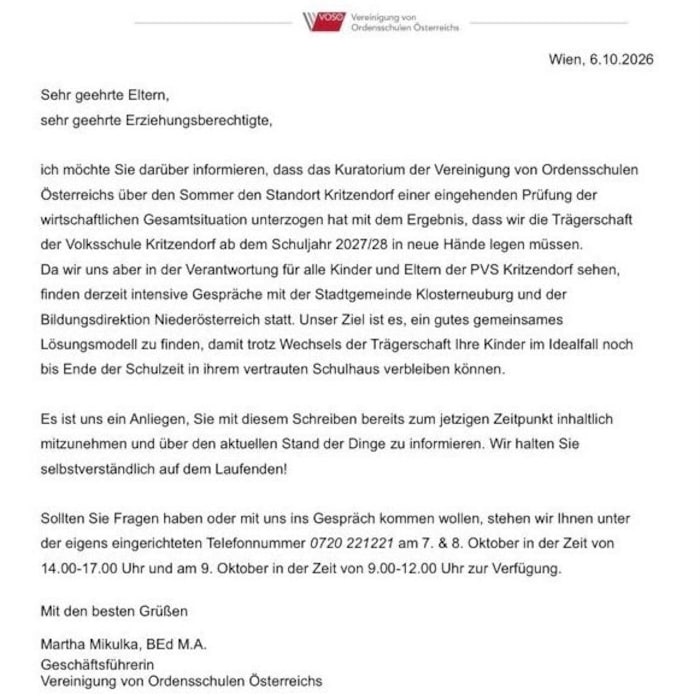 Dieser Brief wurde den Eltern vorige Woche zugestellt.
